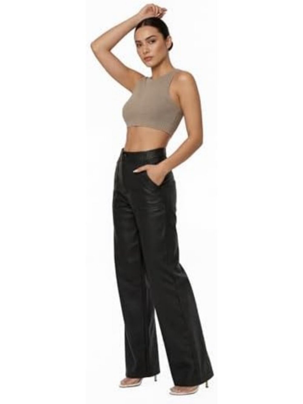 Trendy High Waisted Faux Leather Pants for Women | Coated PU Straight Leg Black - Picture 5 of 6